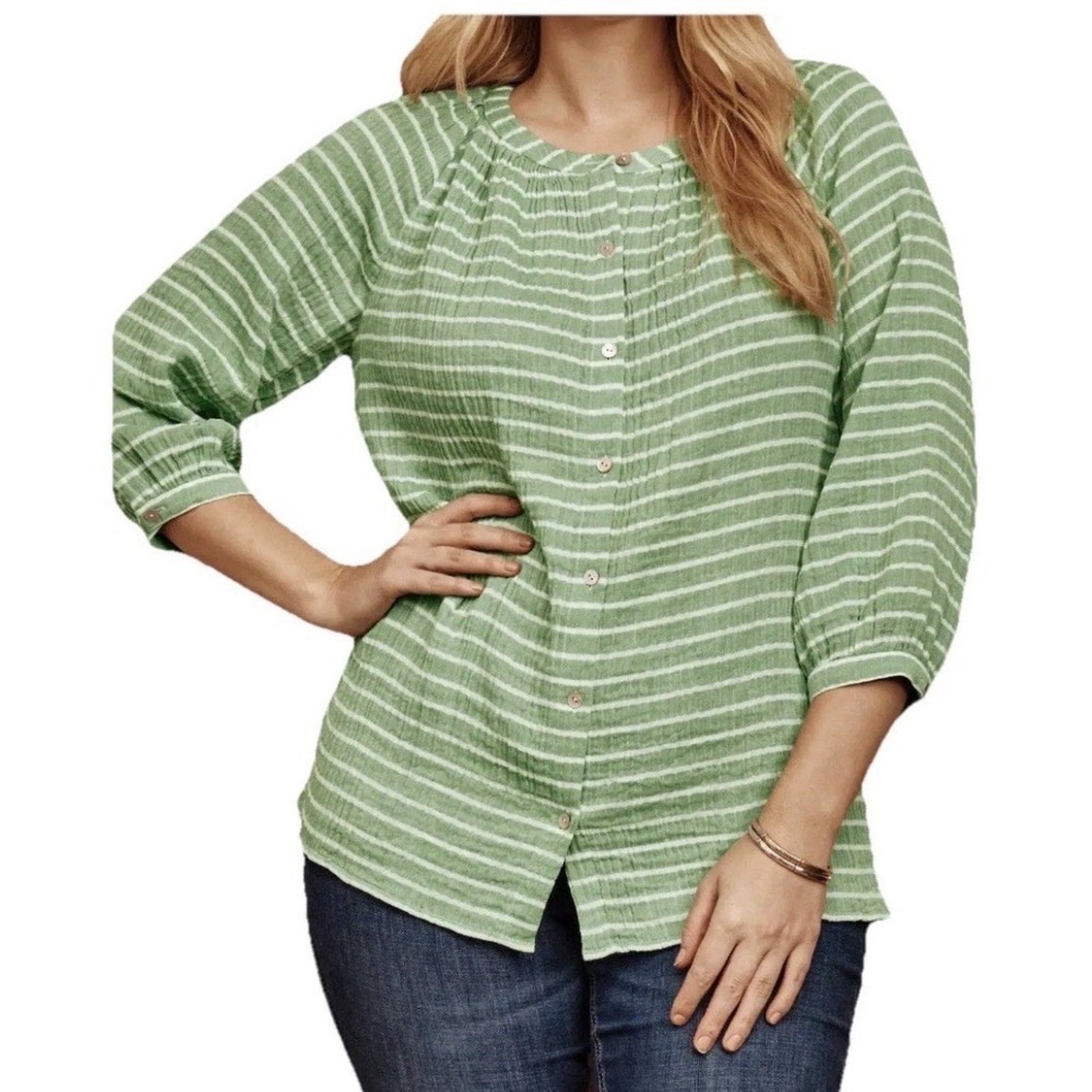 J Jill Green White Stripe Gauze Cotton Button Front Tunic‎ Top L Coastal Beachy